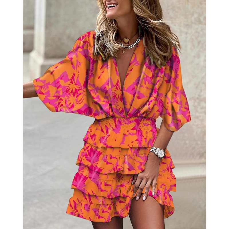 Đầm Ngắn Tay Cánh Dơi Cổ Chữ V In Họa Tiết Phong Cách Bohemian Thời Trang Mùa Hè Quyến Rũ Cho Nữ