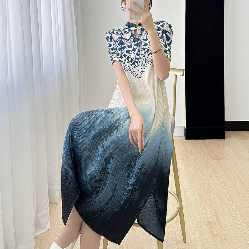 Đầm Xếp Ly Dáng Rộng Thoải Mái In Họa Tiết Gradient Thời Trang Mùa Hè 2023 Kích Thước Lớn 45KG-80KG Cho Nữ
