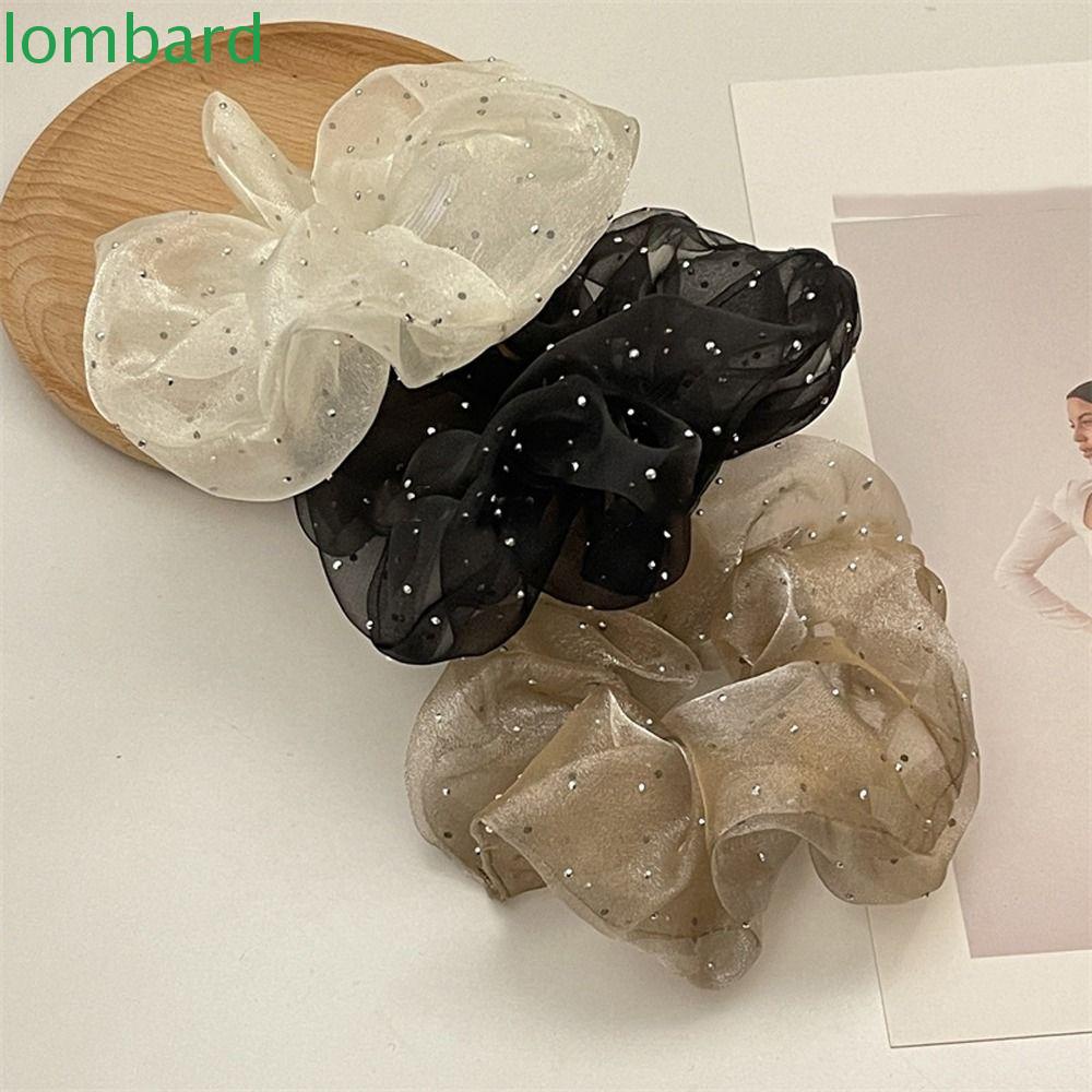 LOMBARD Dây Buộc Tóc Cao Su Bọc Vải Lưới Trong Suốt Trang Trí Đá Nhân Tạo Kiểu Đơn Giản