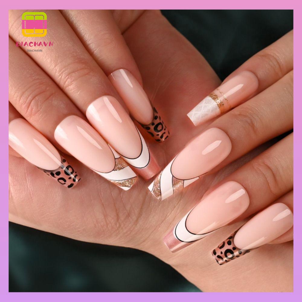 DIACHAVN Bộ 24 Móng Tay Giả Viền Xanh Dương Che Phủ Toàn Diện DIY