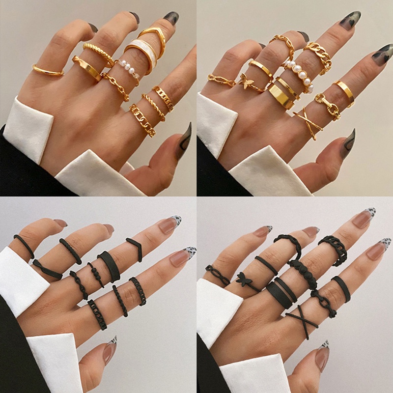 Ygt Bộ Nhẫn Đeo Khớp Ngón Tay Bản Rộng Họa Tiết Hình Học Bướm Vintage Boho Màu Vàng Cho Nữ