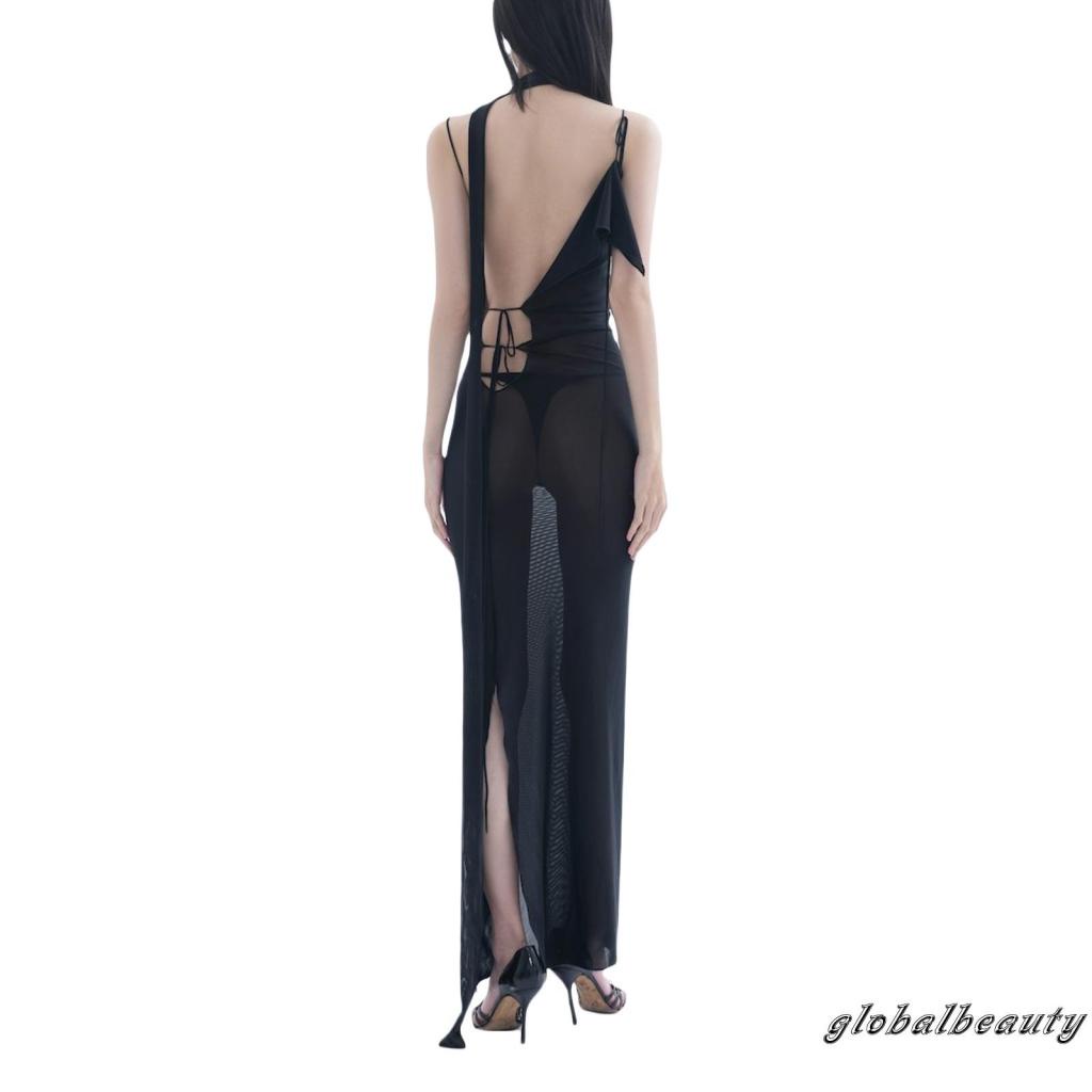 Đầm Hai Dây Dáng Ôm Dài Màu Trơn Nhìn Xuyên Thấu Gợi Cảm Cho Nữ