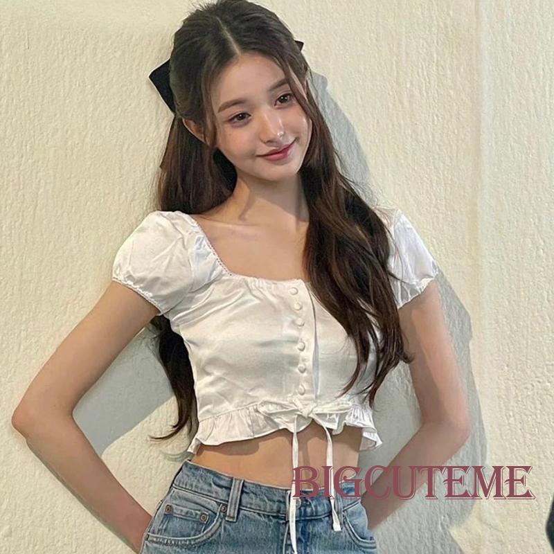 Áo Croptop Ngắn Tay Màu Sắc Đơn Giản Cho Nữ