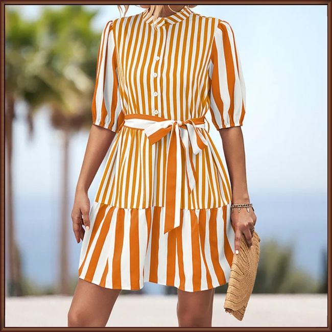Đầm Midi Dáng Chữ A Tay Lửng Họa Tiết Kẻ Sọc Màu Nhuộm Phối Thắt Lưng Cài Nút Phía Trước Cho Nữ