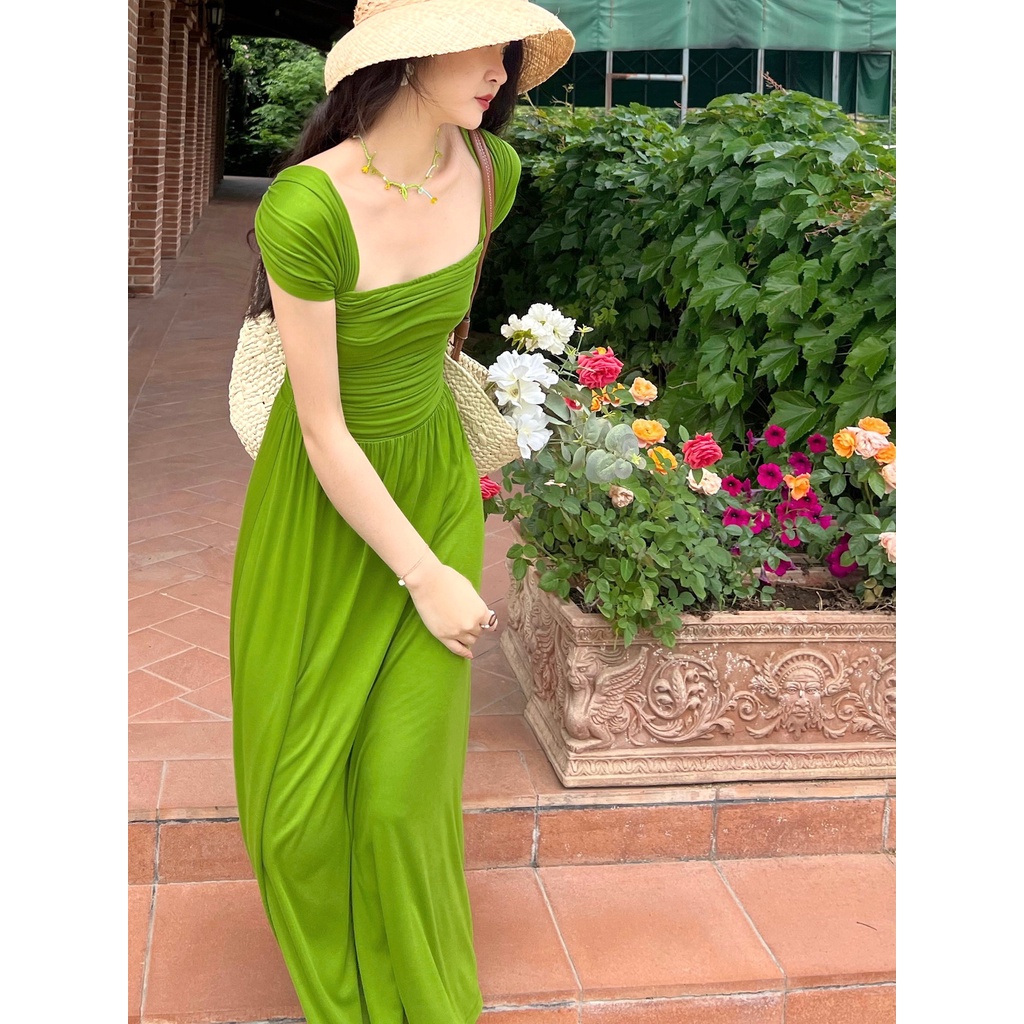 Đầm Múa Ba Lê Dệt Kim Dáng Ôm Màu Xanh Lá Cây Mù Tạt Thời Trang