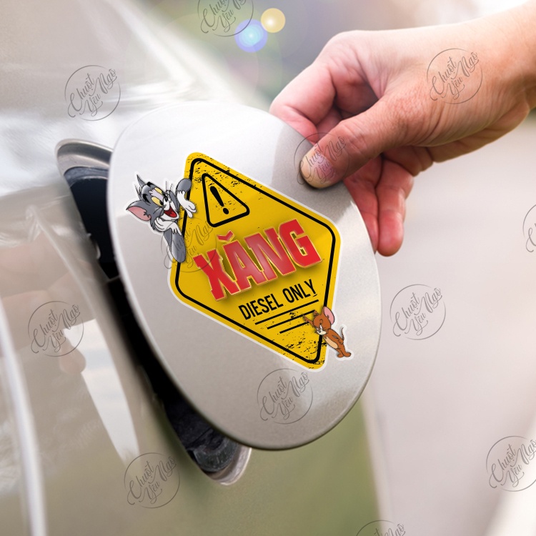 Combo 2 miếng dán cảnh cáo nắp bình xăng ô tô dầu diesel xăng a95 MÈO CHUỘt
