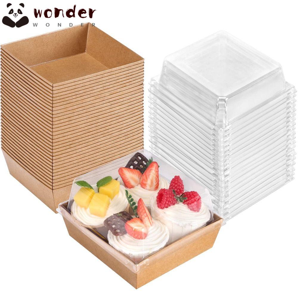 WONDER Set 25 Hộp Giấy Đựng Bánh Hình Vuông Có Nắp Nhựa Màu Nâu / Trắng Hiện Đại Dùng Một Lần