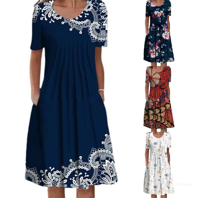 Đầm Midi Tay Ngắn Dáng Chữ A Cổ Tròn In Họa Tiết Hoa Xinh Xắn Thời Trang Mùa Hè Quyến Rũ Cho Nữ