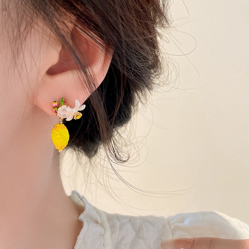 Bông Tai Xi Mạ Bạc Hình Quả Chanh / Hoa Đính Kim Cương Giả Dễ Thương