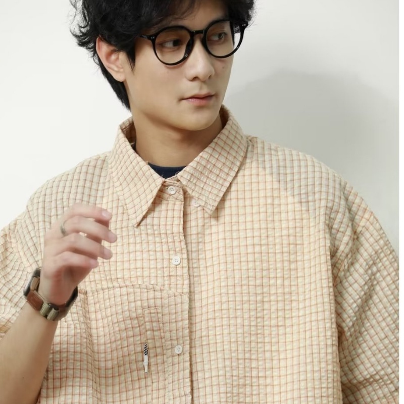 Áo Sơ Mi Tay Ngắn Dáng Rộng Họa Tiết Sọc Caro Thời Trang Phong Cách Nhật Bản Cho Nam