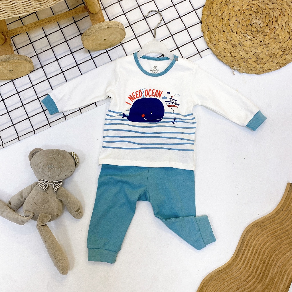 Đồ bộ dài tay thu đông bé gái, bộ dài tay bé trai hoạ tiết con vật chất liệu dày dặn Lullaby NH232V