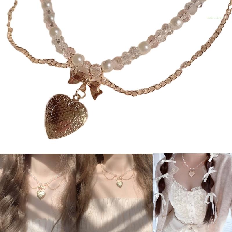 Vòng cổ Mặt Trái Tim Nơ Đính Hạt Pha Lê Thanh Lịch Cho Nữ