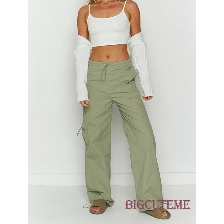 Quần Baggy Lưng Vừa Màu Trơn Có Túi Thời Trang Đường Phố Cho Nữ