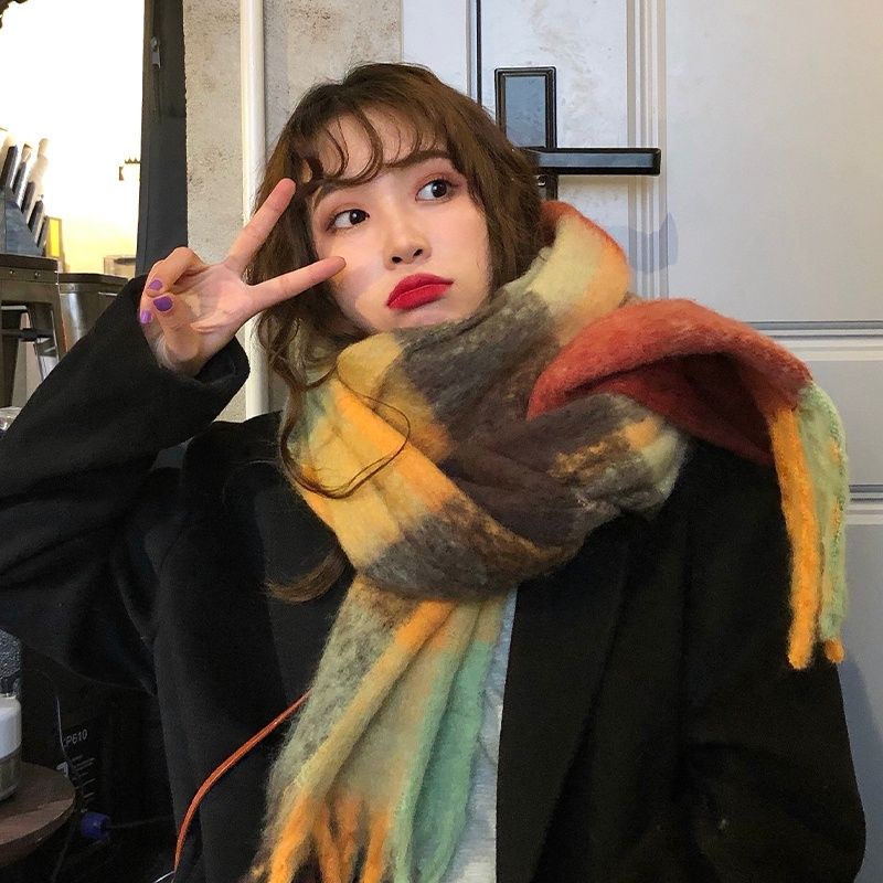 Khăn Choàng Cổ Hai Chức Năng Dày Dặn Họa Tiết Kẻ Sọc Màu Ấm Áp Mùa Đông Phong Cách Hàn Quốc Dành Cho Bạn Nữ