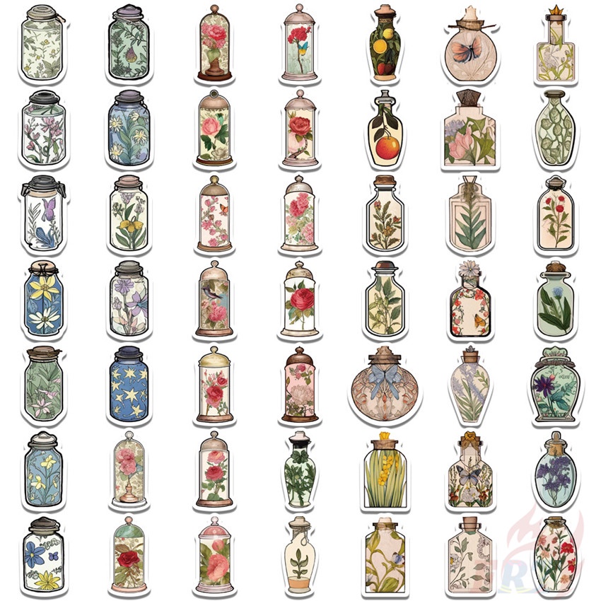 Bộ 200 Chiếc ❉ Miếng Dán Trang Trí Bình Hoa Mini Phong Cách Vintage ❉ Sticker Dán Tường Chống Thấm Nước Họa Tiết Doodle Hợp Thời Trang