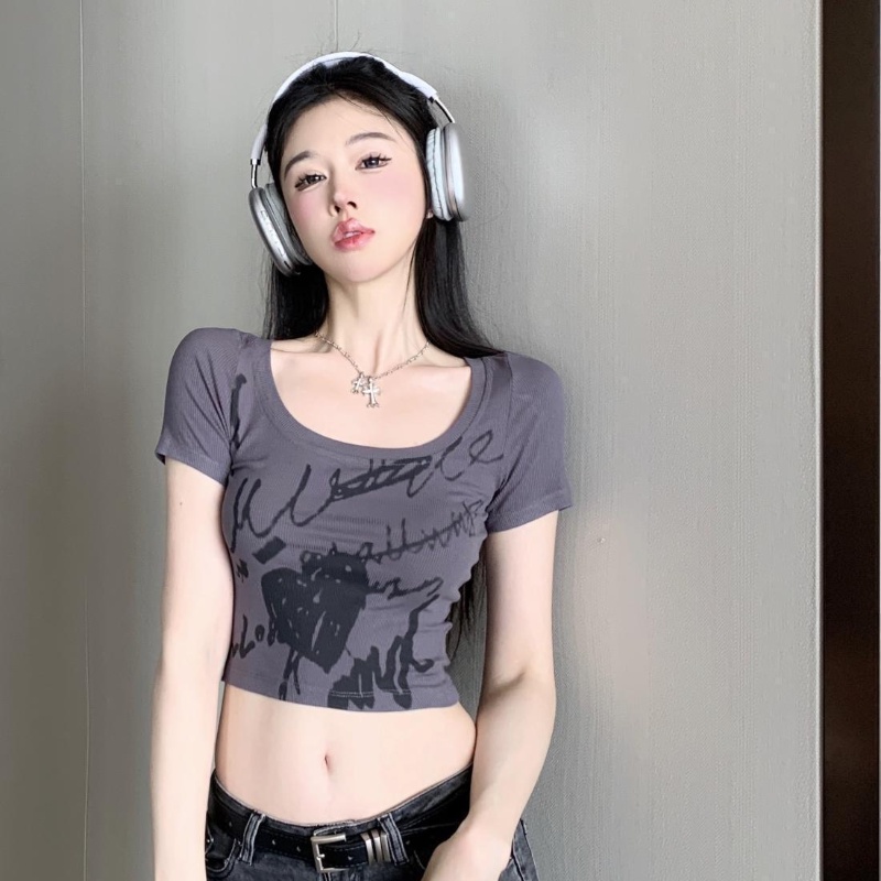 COZOK Áo Thun Crop Top Tay Ngắn Cổ Chữ U Dễ Phối Đồ Hợp Thời Trang