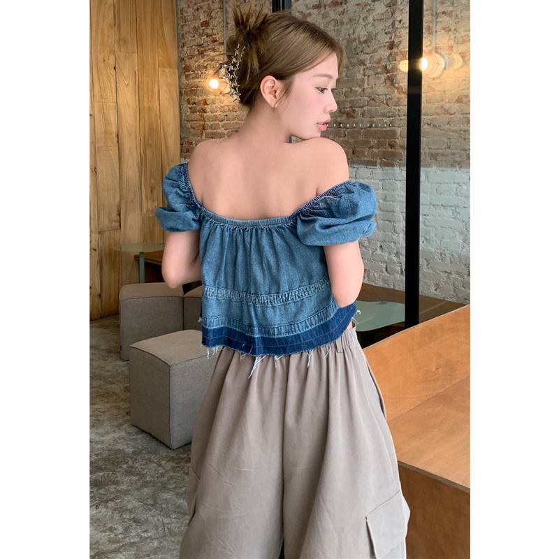 Áo Denim Tay Ngắn Cổ Vuông Dáng Rộng Trẻ Trung Hợp Thời Trang