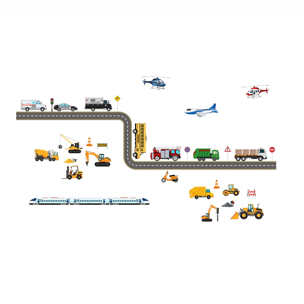 Set 2 Miếng Dán Tường Bằng PVC Tự Dính Họa Tiết Phương Tiện Giao Thông Trang Trí Phòng Bé