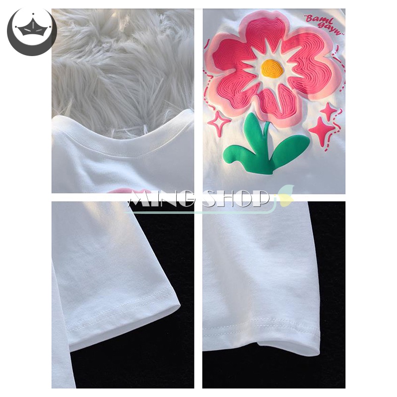 Áo Thun Nữ Ngắn Tay Cổ Tròn In Hoa Thời Trang