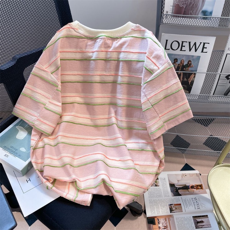 Áo Thun Cotton Ngắn Tay Họa Tiết Kẻ Sọc Ba Chiều Thời Trang Mùa Hè Mới Cho Nữ