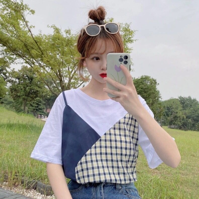 Mới Áo Thun Ngắn Tay Giả Hai Lớp Phong Cách Trẻ Trung Dành Cho Nữ