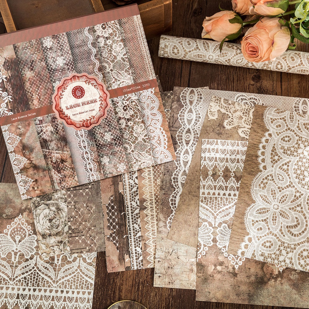 Set 30 Tờ Giấy Viền Ren Hoa Trang Trí Sổ Tay DIY