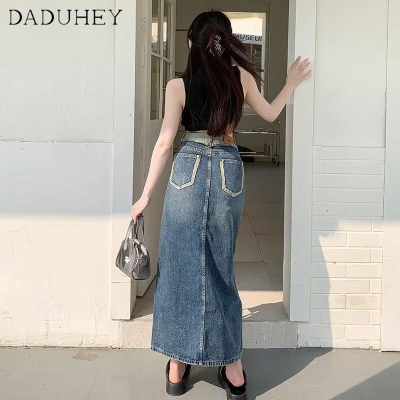 Chân váy denim DADUHEY dáng chữ A lưng cao size lớn công nghệ washed phong cách retro Mỹ mới