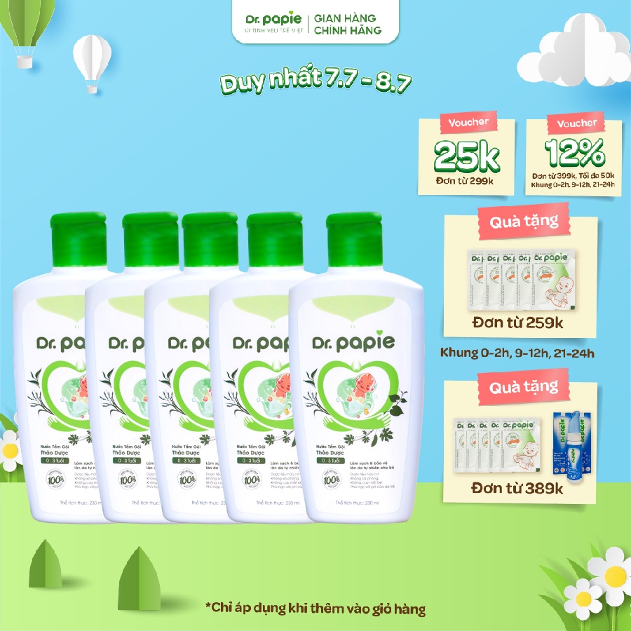 Combo 5 Chai Nước Tắm Thảo Dược Dr Papie Giúp Giảm Mẩn Ngứa Và Rôm Sảy, Hỗ Trợ Làm Sạch, Mát Da Bé - Chai 230ml