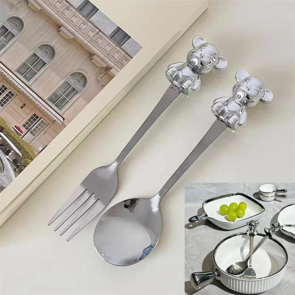 Bộ Muỗng Nĩa Ăn Tráng Miệng Hình Gấu Hoạt Hình Bằng Thép Không Gỉ