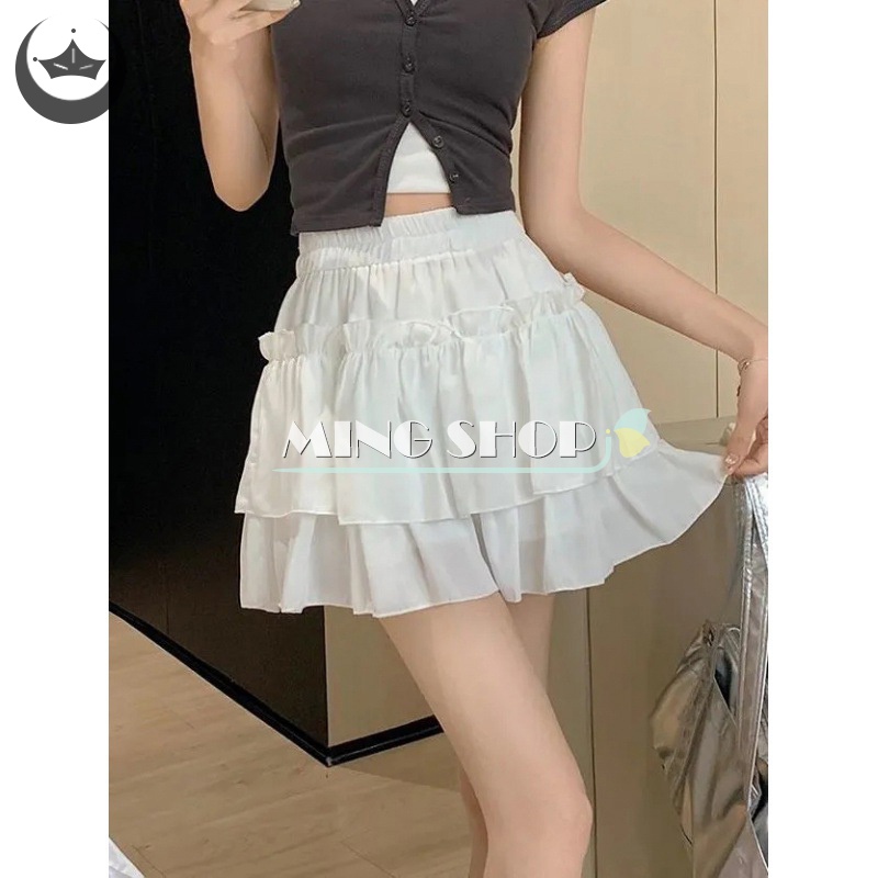 Ming Chân Váy Chữ A Xếp Tầng Lưng Cao Màu Trơn Đáng Yêu TH