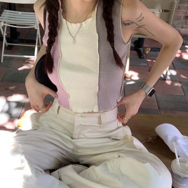 Pjy Áo Thun Không Tay Cổ Tròn Màu Tương Phản Thời Trang Mùa Hè Dành Cho Nữ PJ