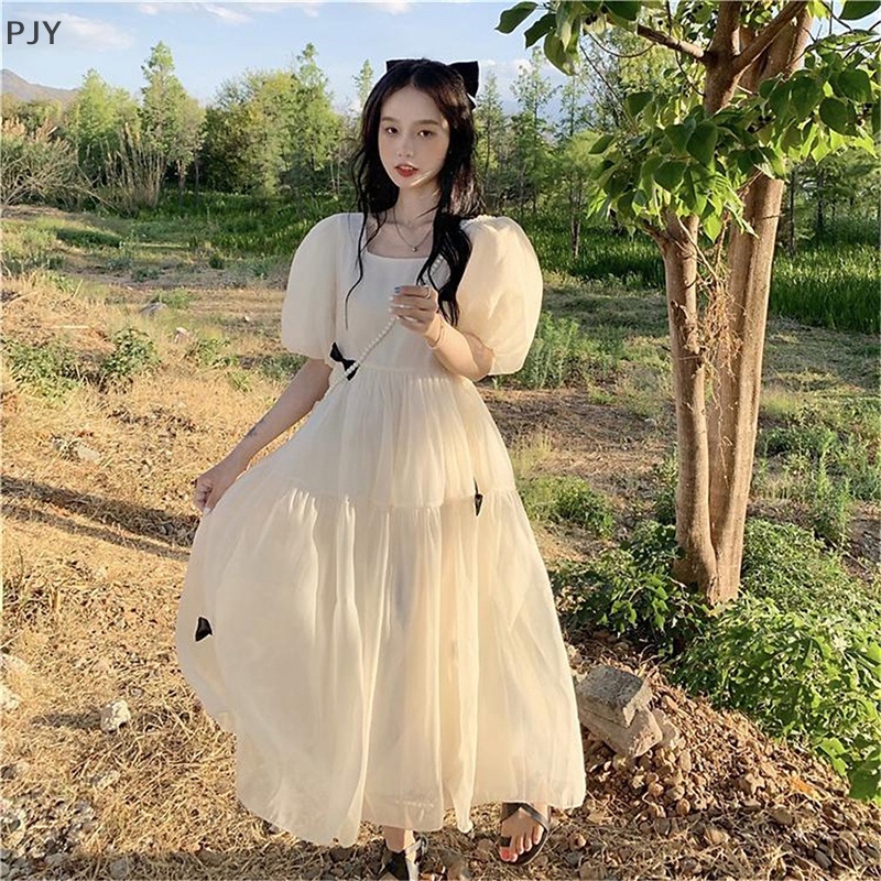 Đầm Midi Dáng Chữ A Cổ Tròn Tay Phồng Đính Nơ Thời Trang Mùa Hè Cho Bạn Gái PJ