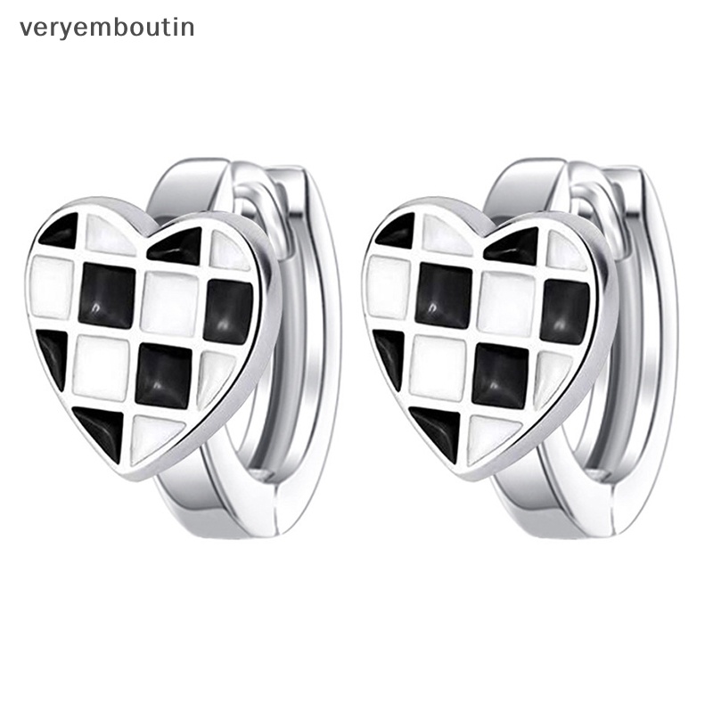 1 Đôi Bông Tai Bạc Hình Trái Tim Họa Tiết Sọc Caro Trắng Đen Sáng Tạo Dành Cho Nữ