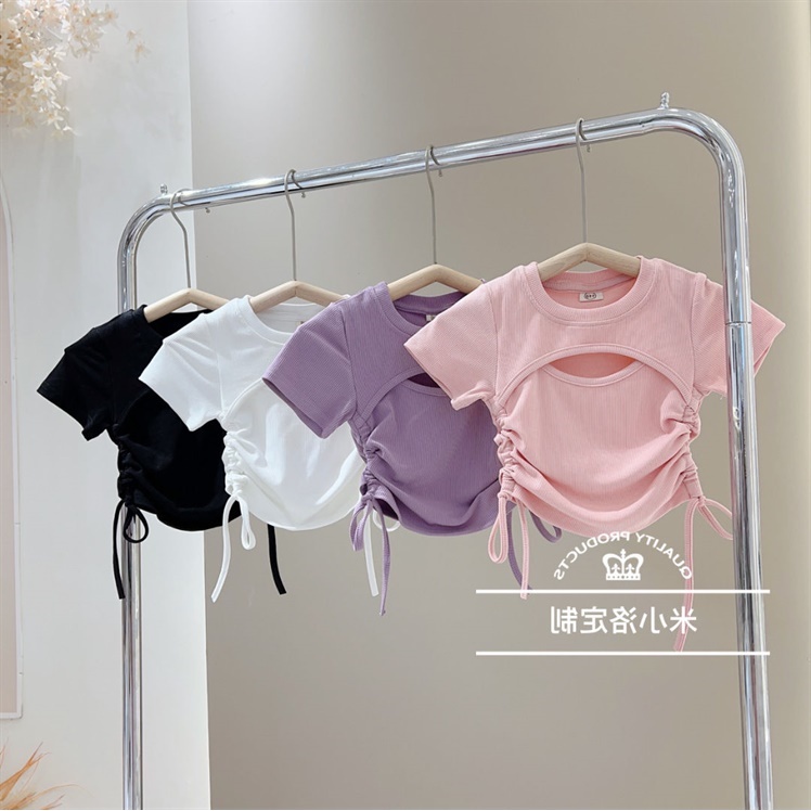 Áo Thun Tay Ngắn Phối Dây Rút Màu Sắc Trơn Phong Cách Hàn Quốc Thời Trang Mùa Hè Xinh Xắn Cho Bé Gái