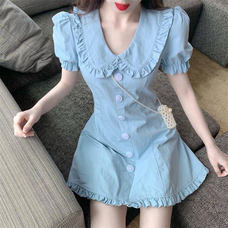 Đầm Dáng Chữ a Cổ Búp Bê Viền Bèo Ôm Eo Thời Trang Mùa Hè Kiểu Pháp Xinh Xắn Cho Nữ