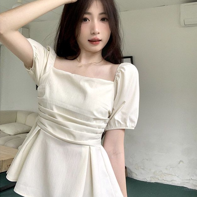 Áo Sơ Mi Ngắn Cổ Vuông Ôm Eo Phong Cách Pháp Thời Trang Cho Nữ