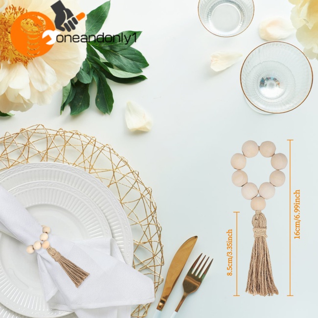 Bộ 12 Vòng Giữ Khăn Ăn Bằng Hạt Gỗ Tự Nhiên Có Tua Rua Để Bàn Trang Trại / Tiệc Cưới / Nhà Cửa