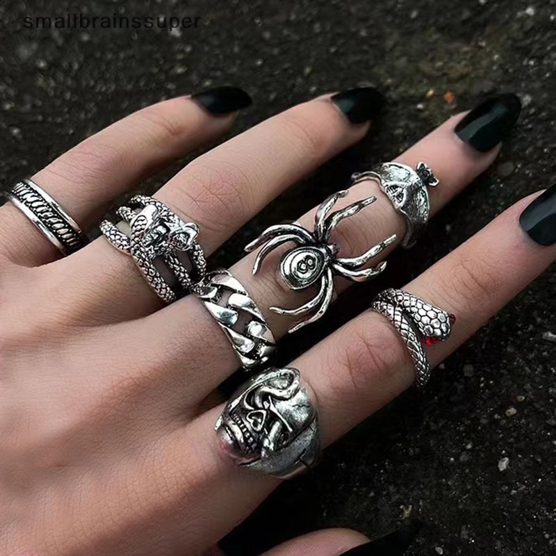 Set 7 Nhẫn Mạ Bạc Hình Rắn / Nhện Đính Đá Phong Cách Gothic Punk Cho Nữ