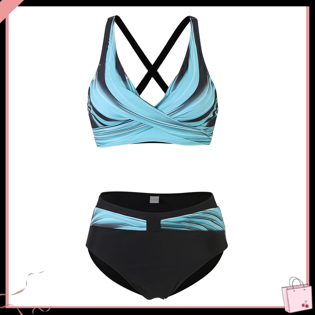 Bộ Đồ Bơi 2 Mảnh Cổ Chữ V Lưng Cao Khô Nhanh In Họa Tiết Hình Học Màu Sắc Tương Phản Cho Nữ