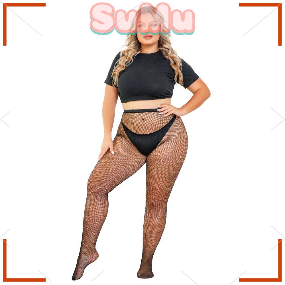 SUMU Quần Tất Lưới Đen Lưng Cao Co Giãn Đính Đá Lấp Lánh Gợi Cảm Cho Nữ
