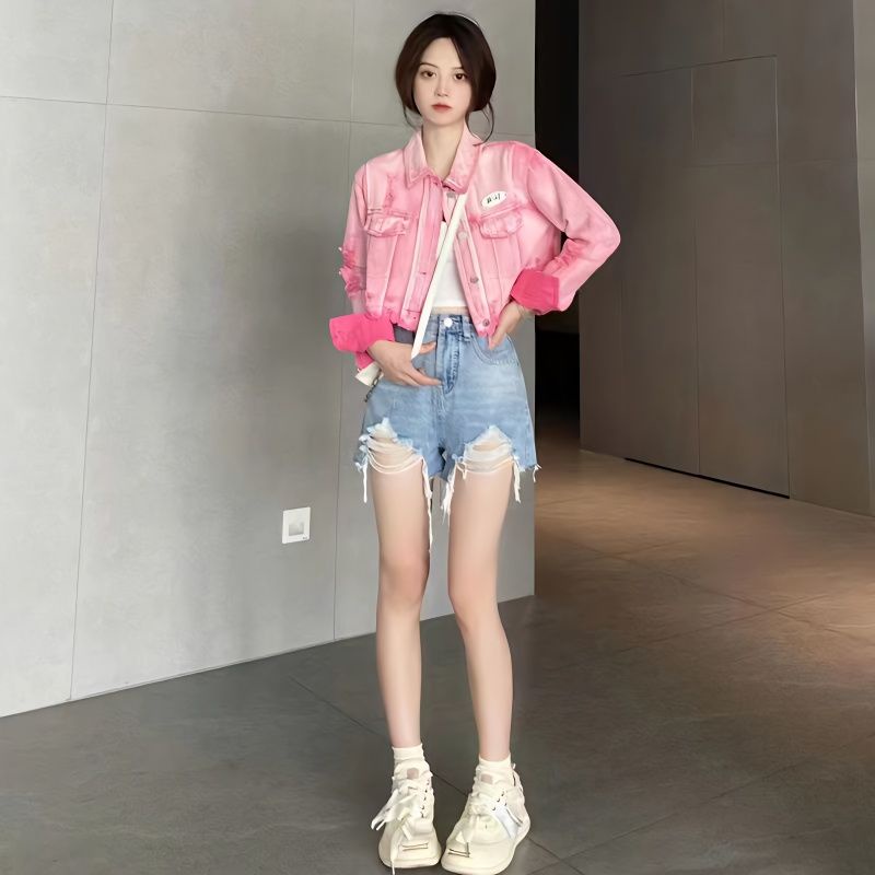 Áo Khoác Denim Ngắn Dáng Rộng Rách Màu Hồng Thời Trang Mùa Thu Hàng Mới Dành Cho Bạn Nữ