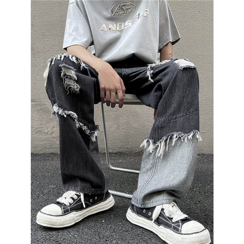 Quần Jeans Tua Rua Dáng Rộng Màu Sắc Tương Phản Phong Cách Harajuku Đường Phố Cho Nam Giới