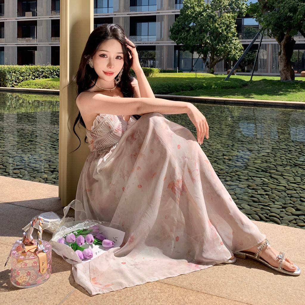Đầm Hai Dây Dáng Dài Họa Tiết Hoa Thời Trang Mùa Hè Pháp Cho Nữ