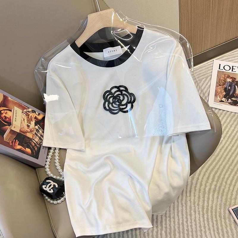 Áo Thun Mỏng Dáng Rộng Tay Ngắn Đính Hạt Hình Hoa Trà Cỡ Lớn 300 Thời Trang Cho Nữ