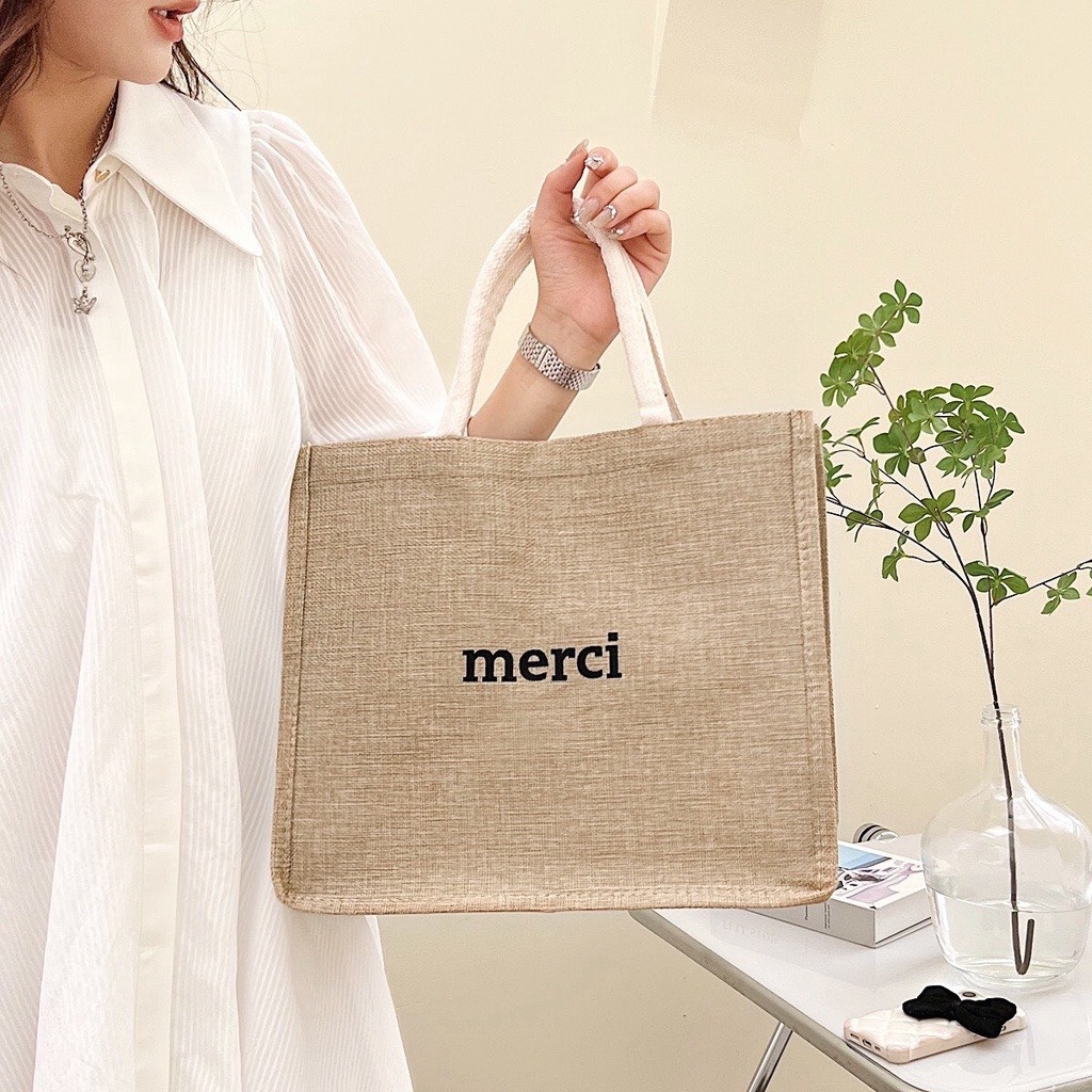 Túi Cói Nữ Họa Tiết Chữ Màu Be Phong Cách Hàn Siêu Hot Meci