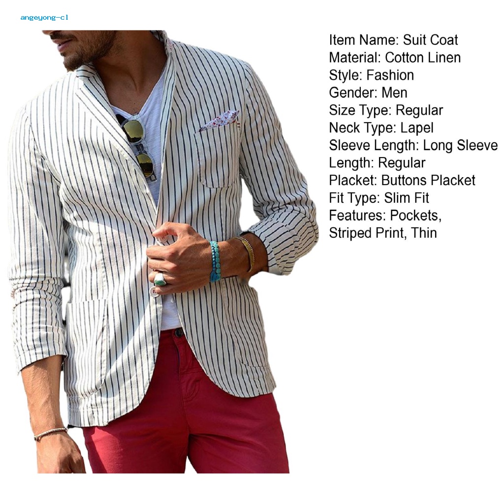 Angeyong Áo Khoác Dáng Ôm In Họa Tiết Kẻ Sọc Phong Cách Công Sở Thoáng Khí Có Túi Và Nút Thời Trang Mùa Hè Cho Nam