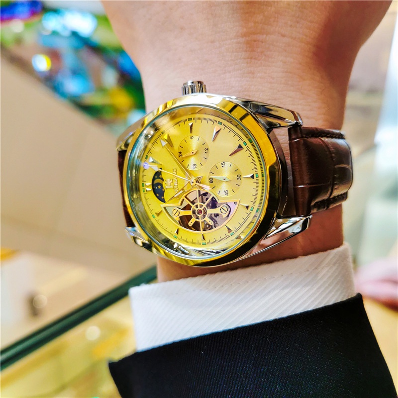 Đồng Hồ Cơ Tự Động Chống Thấm Nước Hình Bánh Đà Rỗng Mặt Trăng Phát Sáng Đa Năng Cao Cấp Cho Nam