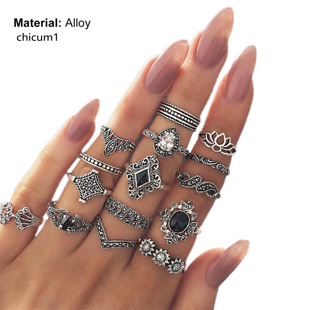 Set 11 / 13 / 15 Nhẫn Đeo Khớp Ngón Tay Màu Đen Phong Cách Bohemia