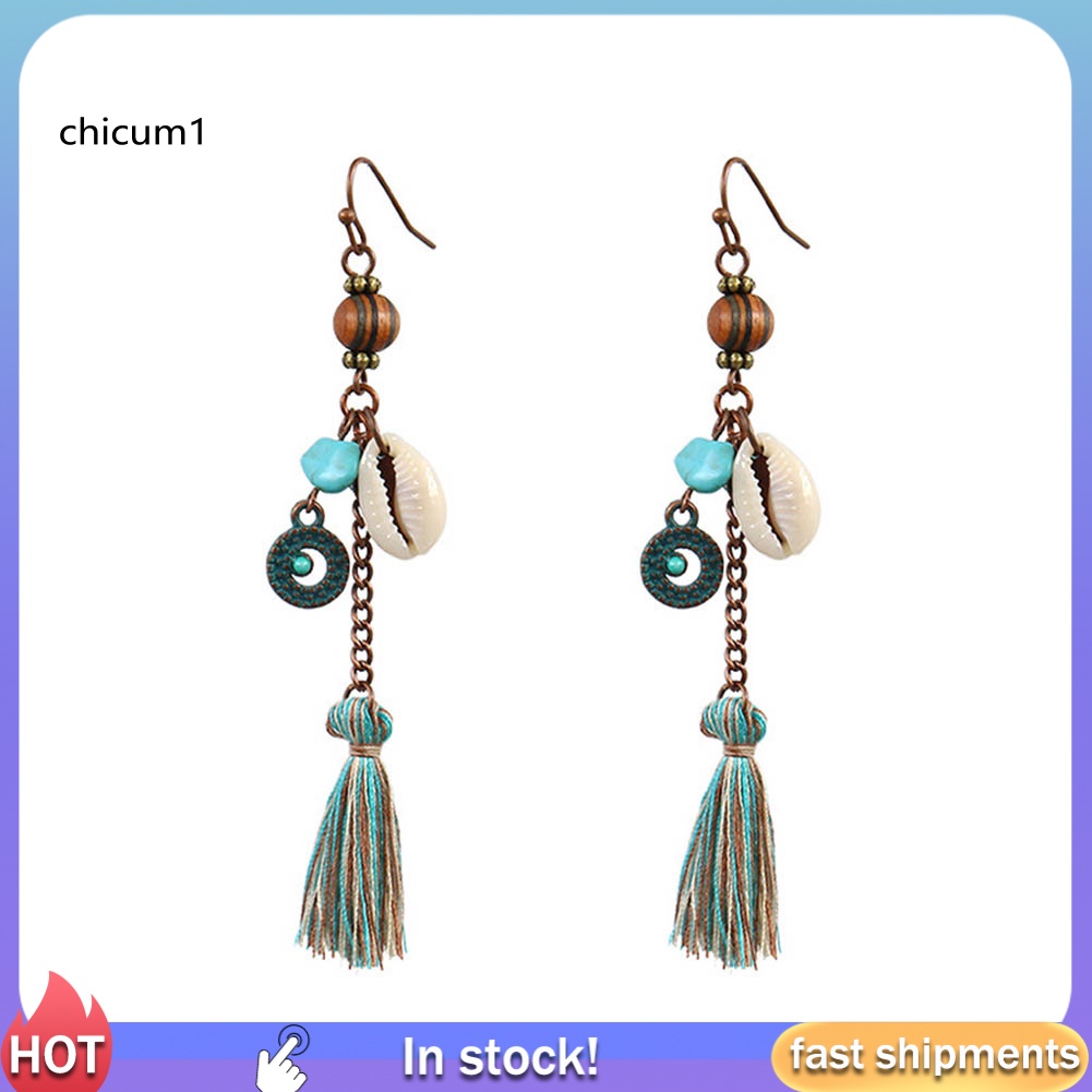 Khuyên Tai Tua Rua Dài Đính Ngọc Lam Nhân Tạo Hình Vỏ Sò Phong Cách Bohemia