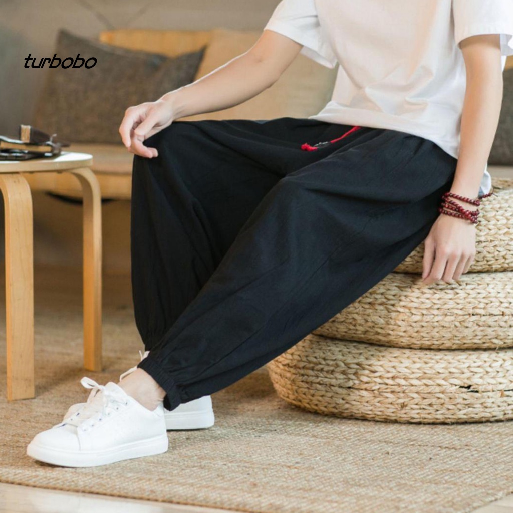 Turbobo Quần Harem Lưng Thun Rút Dây Màu Trơn Có Túi Thời Trang Mùa Hè Cho Nam